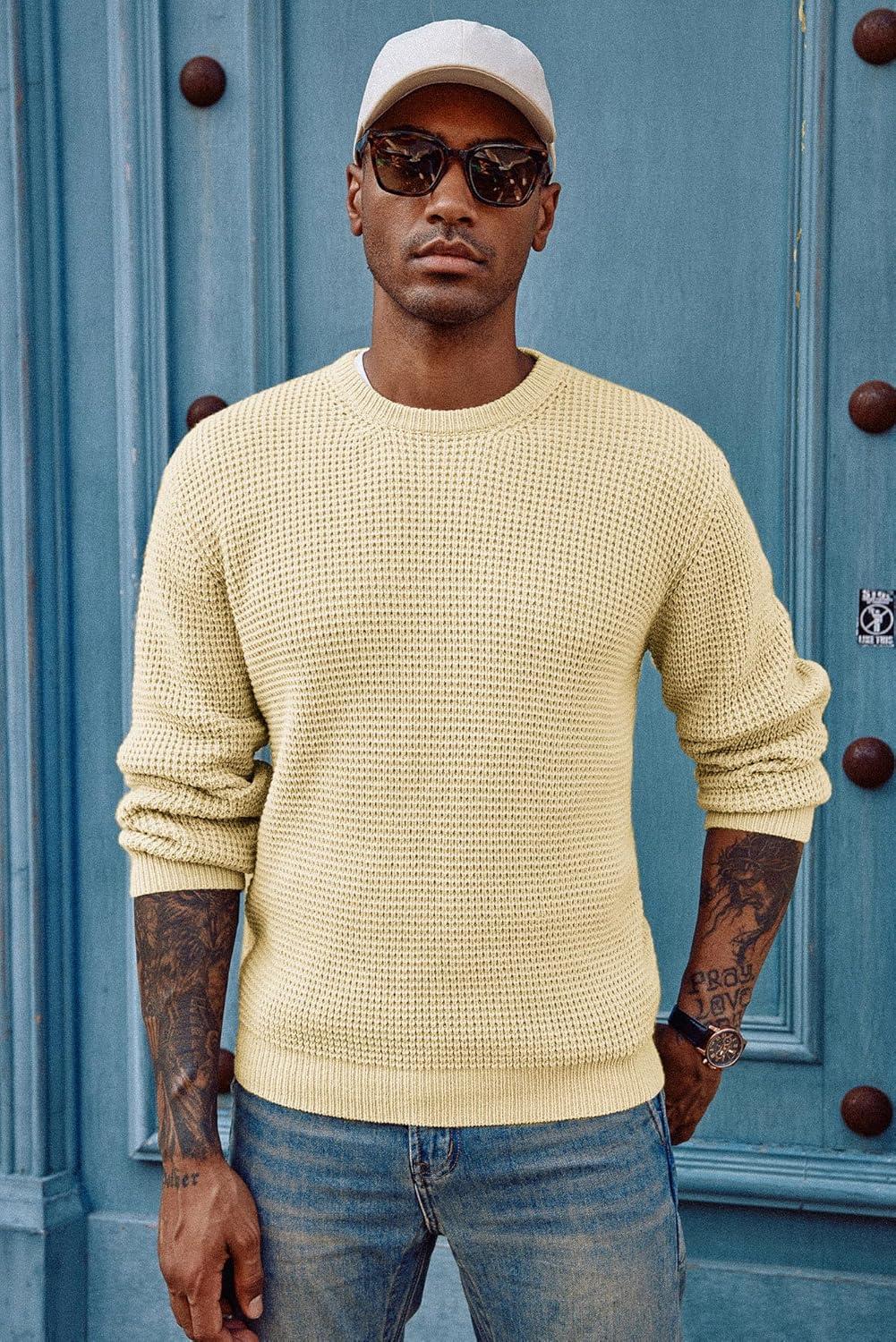 imagePJ PAUL JONES Mens Pullover Sweater Waffle Textured Long Sleeve Knitted SweatersLight Yellow
