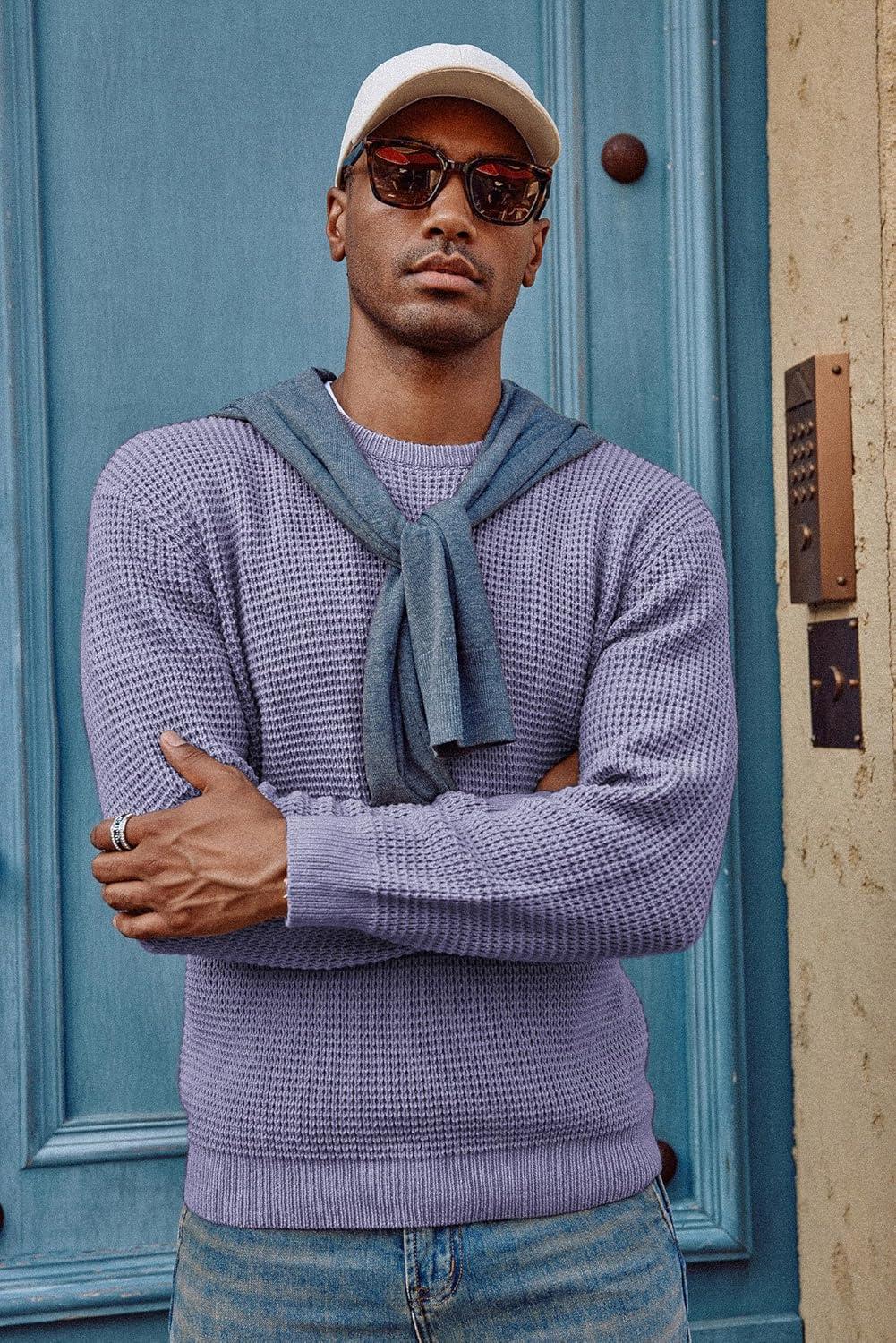 imagePJ PAUL JONES Mens Pullover Sweater Waffle Textured Long Sleeve Knitted SweatersLilac