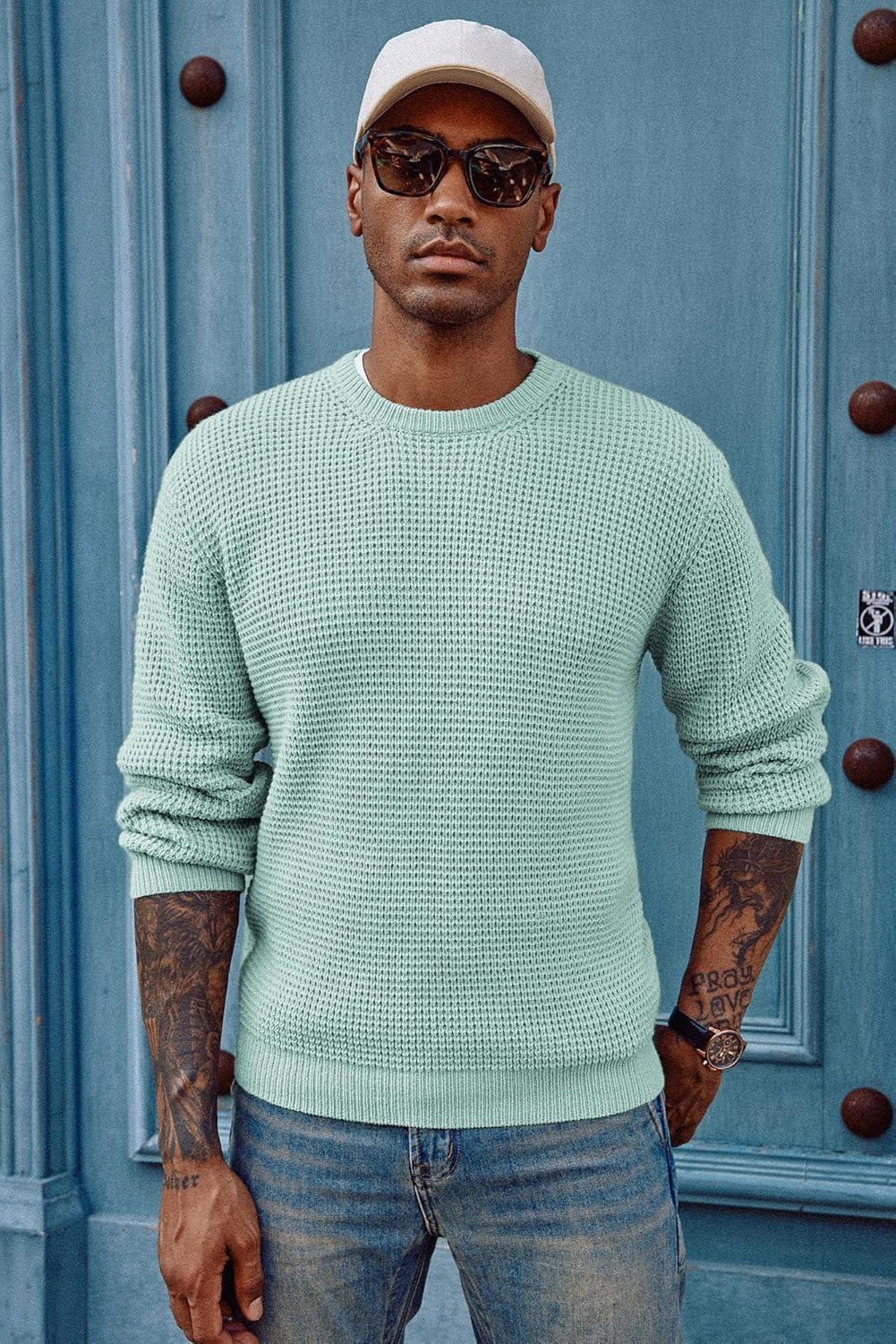 imagePJ PAUL JONES Mens Pullover Sweater Waffle Textured Long Sleeve Knitted SweatersMint Green