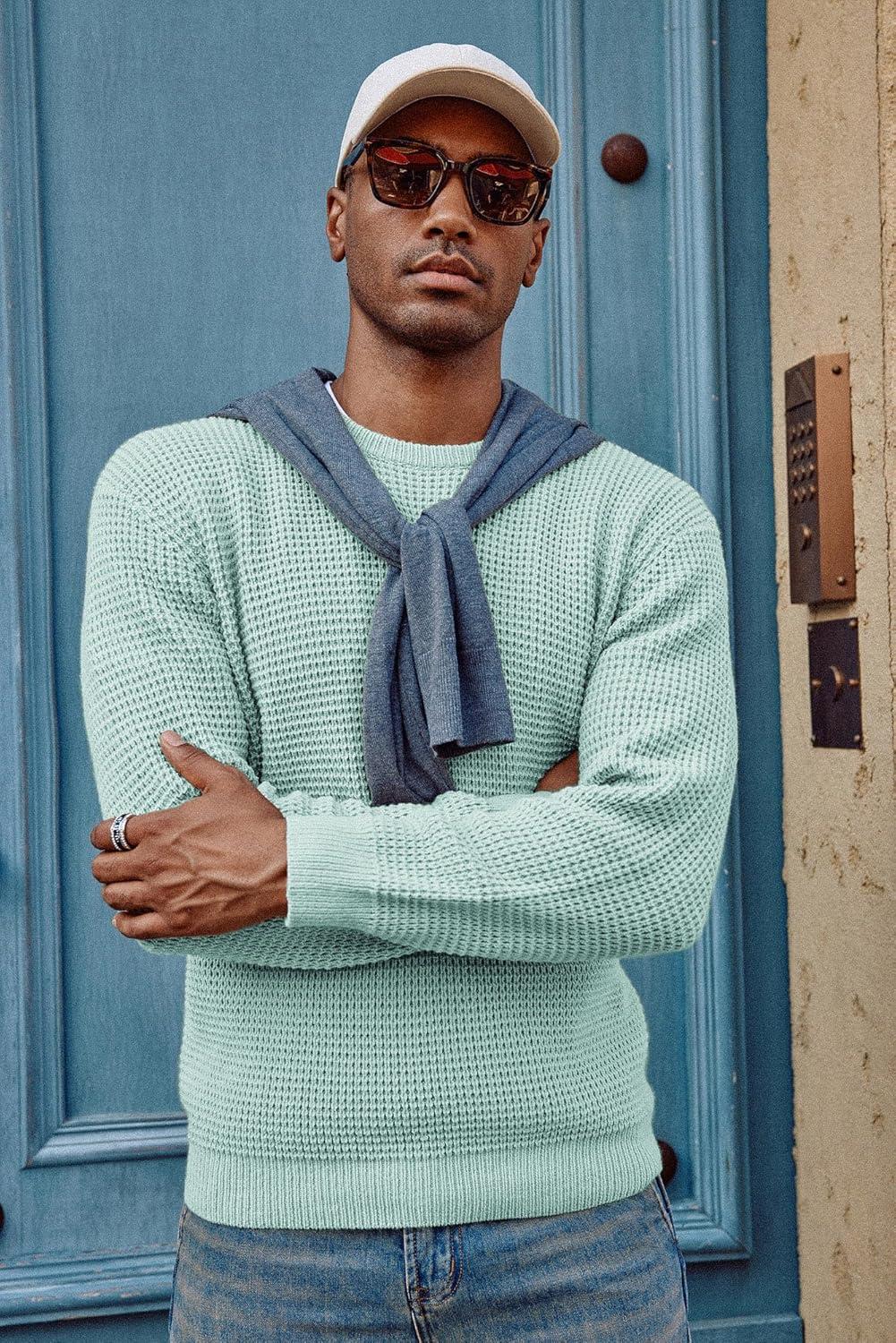 imagePJ PAUL JONES Mens Pullover Sweater Waffle Textured Long Sleeve Knitted SweatersMint Green