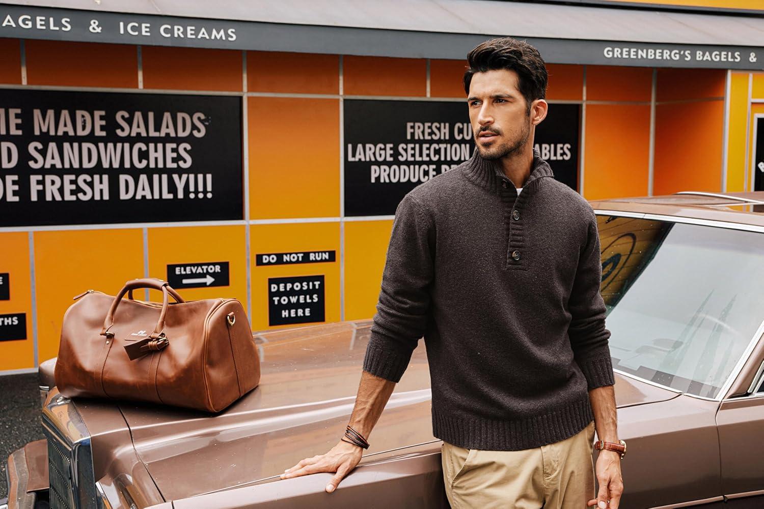 imagePJ PAUL JONES Mens Pullover Sweaters Quarter Button Sweater Stand Collar Knit PulloversCoffee