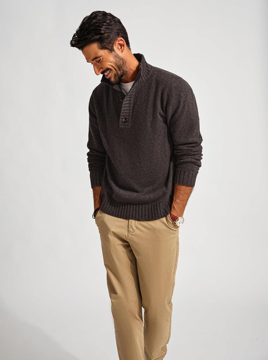 imagePJ PAUL JONES Mens Pullover Sweaters Quarter Button Sweater Stand Collar Knit PulloversCoffee