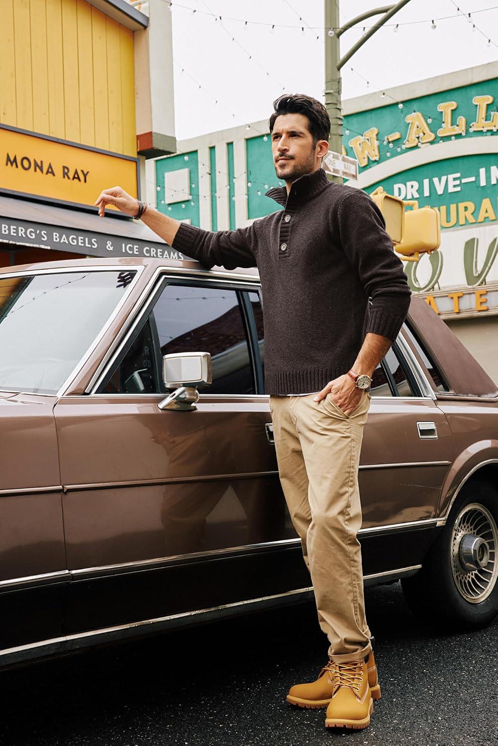 imagePJ PAUL JONES Mens Pullover Sweaters Quarter Button Sweater Stand Collar Knit PulloversCoffee