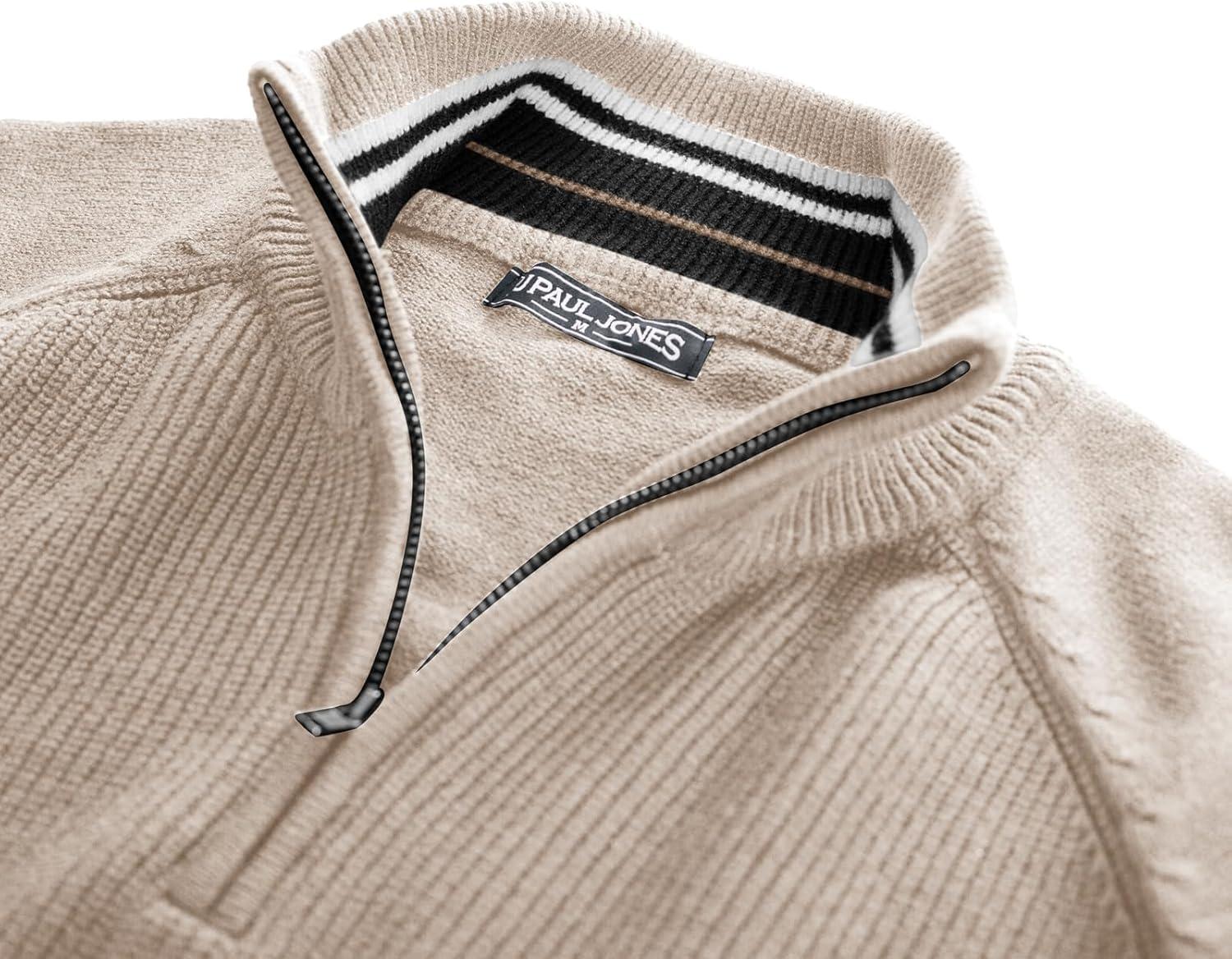 imagePJ PAUL JONES Mens Quarter Zip Pullover Sweater Turtleneck Raglan Long Sleeve SweatersBeige