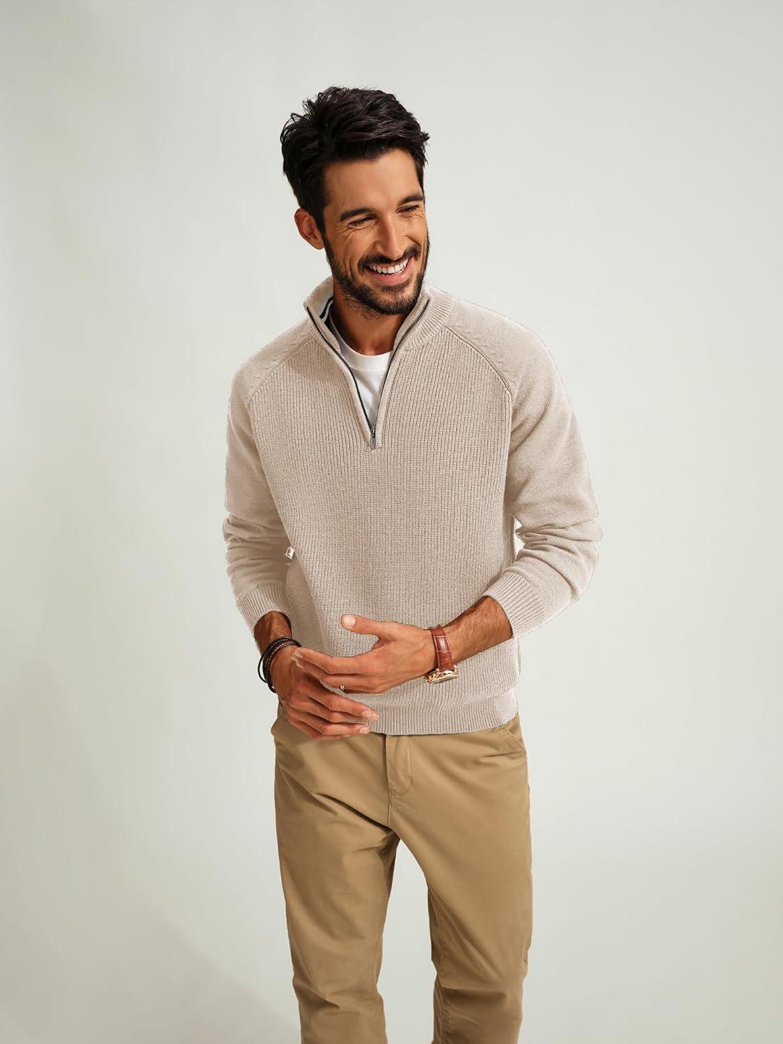 imagePJ PAUL JONES Mens Quarter Zip Pullover Sweater Turtleneck Raglan Long Sleeve SweatersBeige