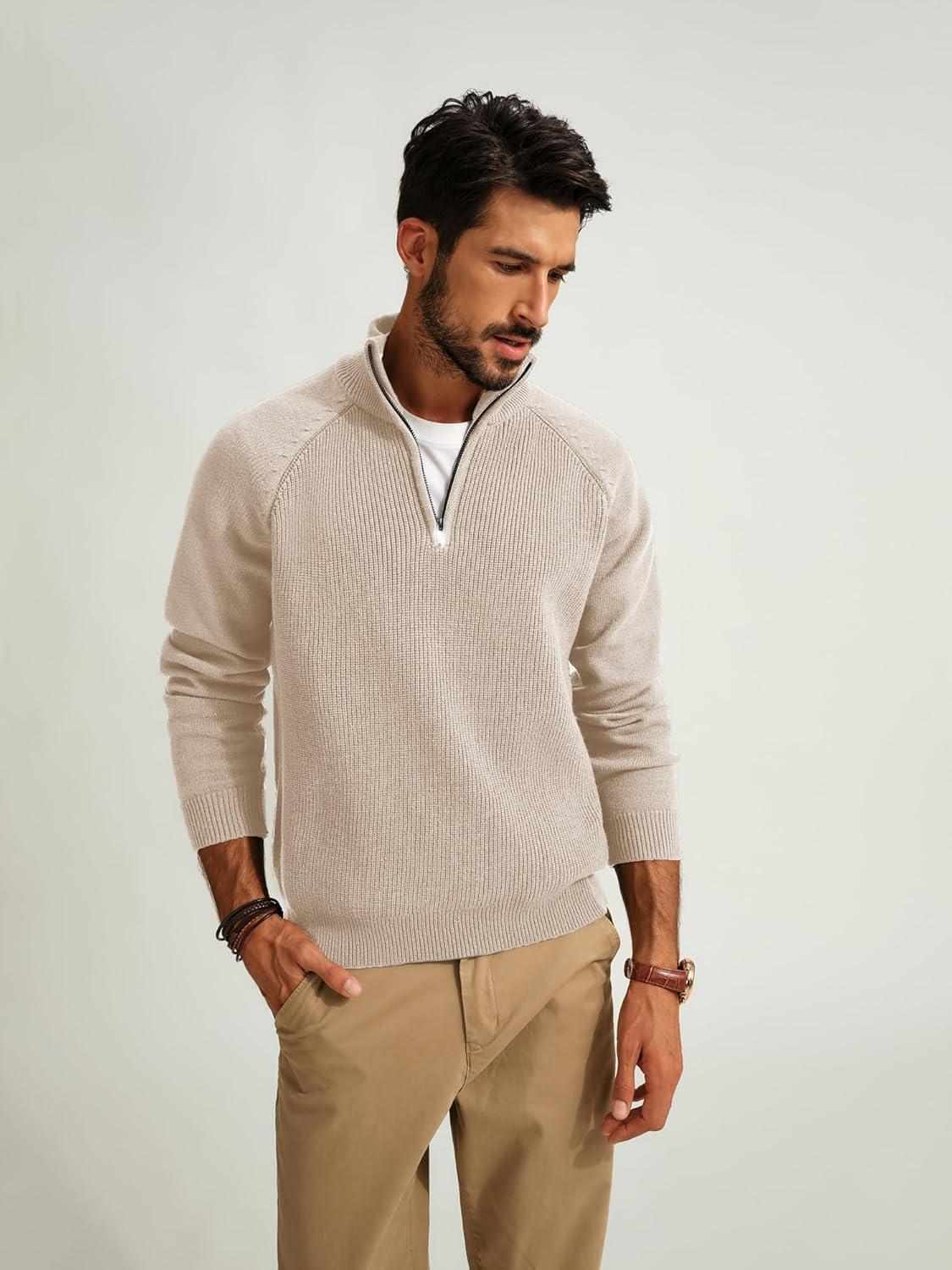 imagePJ PAUL JONES Mens Quarter Zip Pullover Sweater Turtleneck Raglan Long Sleeve SweatersBeige