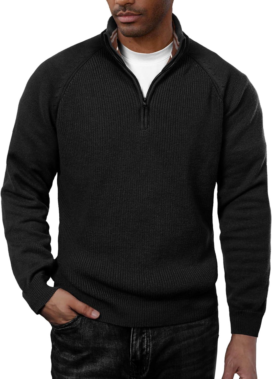 imagePJ PAUL JONES Mens Quarter Zip Pullover Sweater Turtleneck Raglan Long Sleeve SweatersBlack