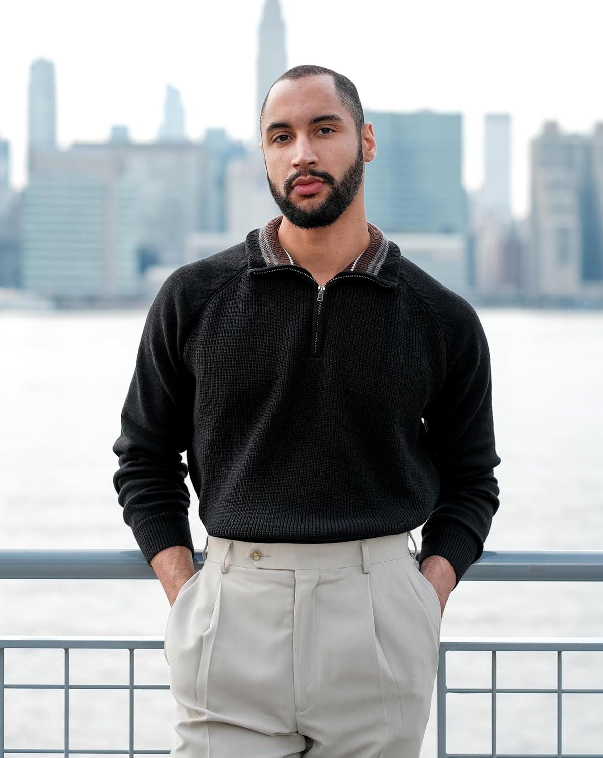 imagePJ PAUL JONES Mens Quarter Zip Pullover Sweater Turtleneck Raglan Long Sleeve SweatersBlack