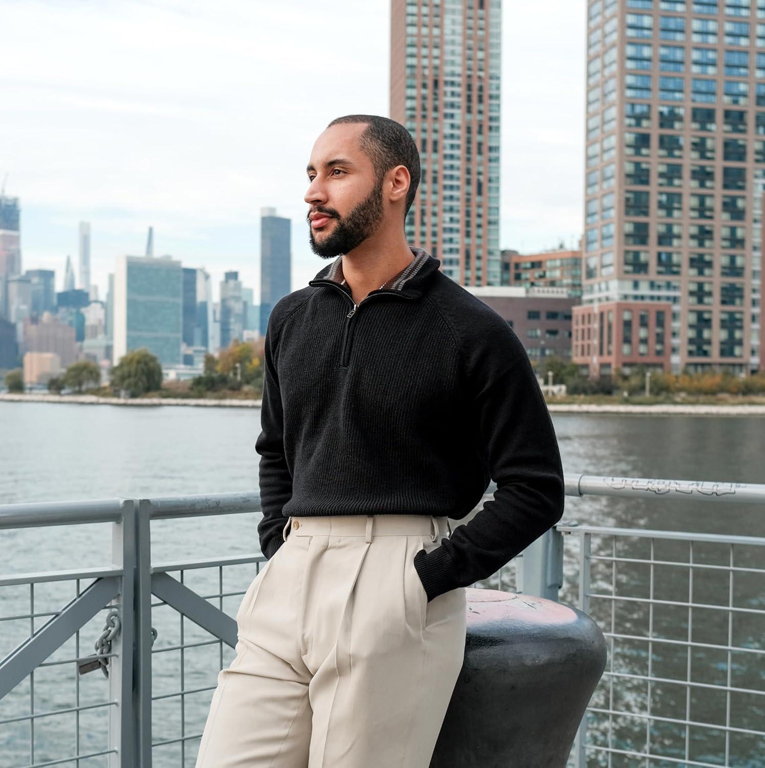 imagePJ PAUL JONES Mens Quarter Zip Pullover Sweater Turtleneck Raglan Long Sleeve SweatersBlack