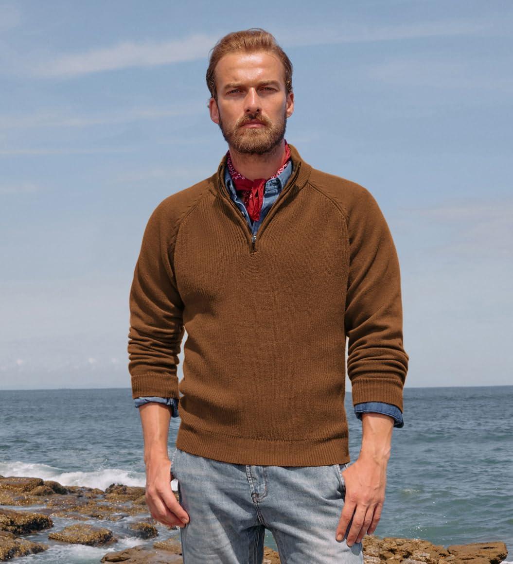 imagePJ PAUL JONES Mens Quarter Zip Pullover Sweater Turtleneck Raglan Long Sleeve SweatersBrown