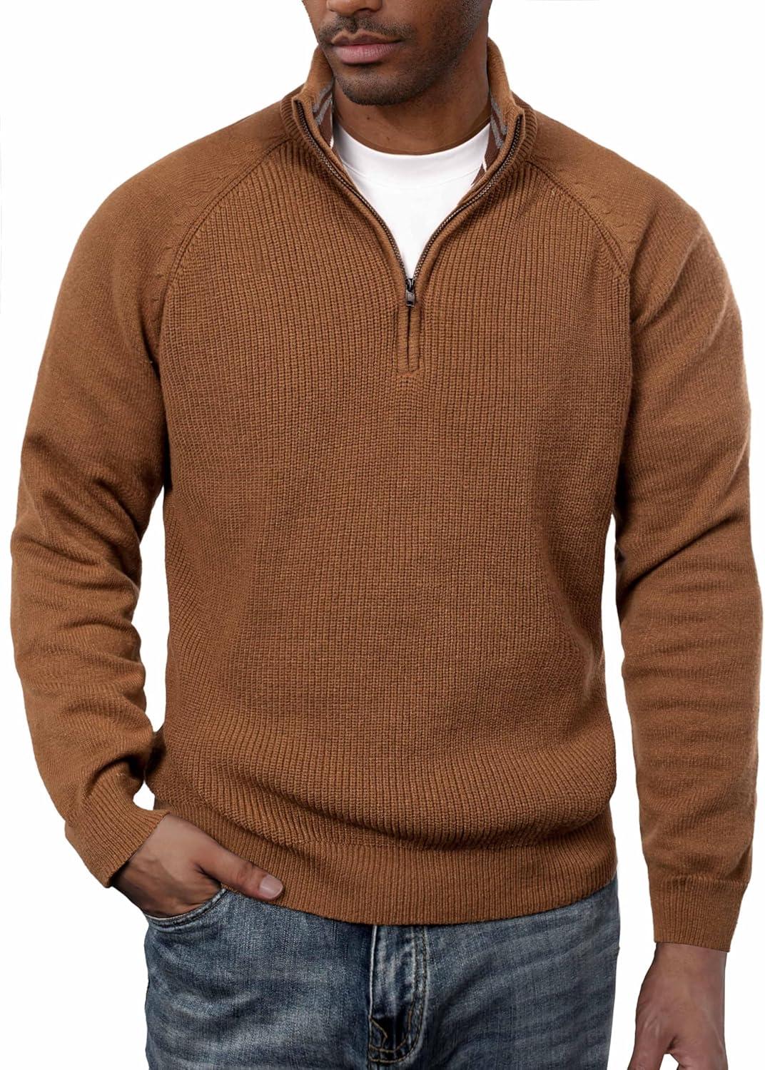 imagePJ PAUL JONES Mens Quarter Zip Pullover Sweater Turtleneck Raglan Long Sleeve SweatersBrown