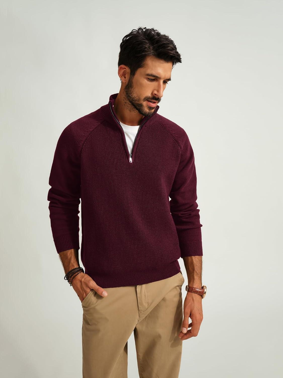 imagePJ PAUL JONES Mens Quarter Zip Pullover Sweater Turtleneck Raglan Long Sleeve SweatersBurgundy