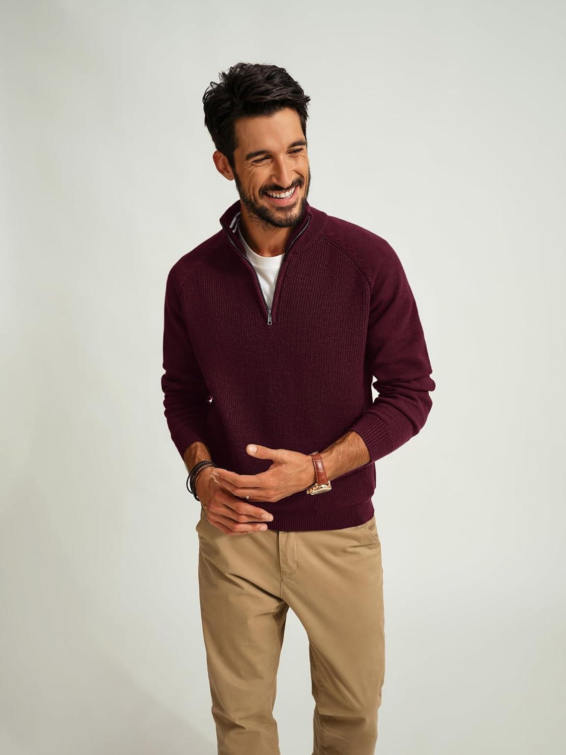 imagePJ PAUL JONES Mens Quarter Zip Pullover Sweater Turtleneck Raglan Long Sleeve SweatersBurgundy