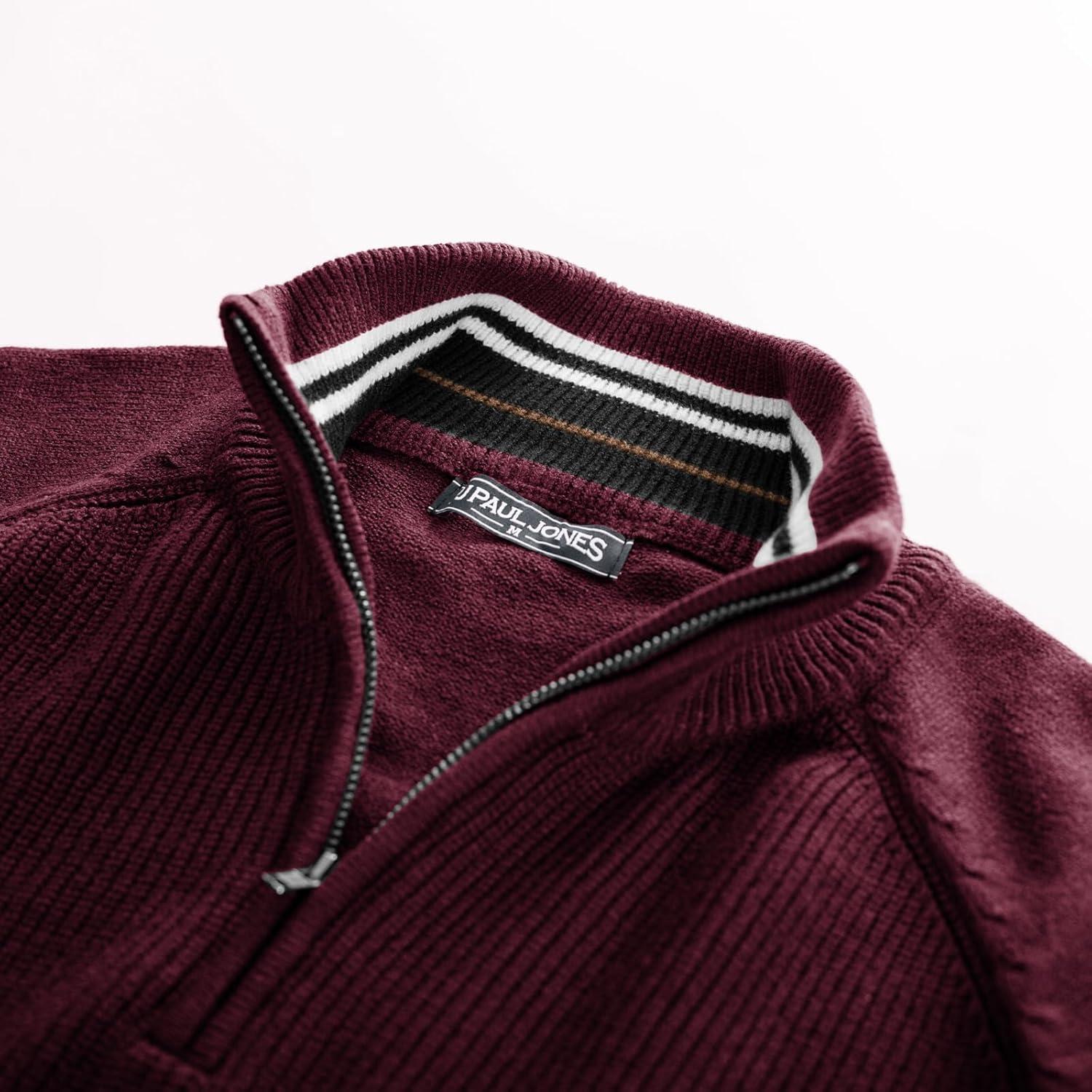 imagePJ PAUL JONES Mens Quarter Zip Pullover Sweater Turtleneck Raglan Long Sleeve SweatersBurgundy