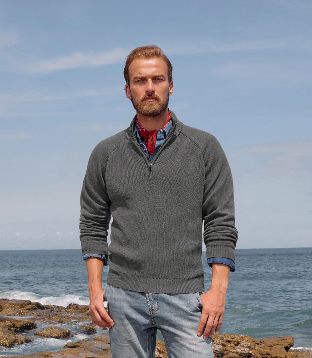 imagePJ PAUL JONES Mens Quarter Zip Pullover Sweater Turtleneck Raglan Long Sleeve SweatersDark Gray