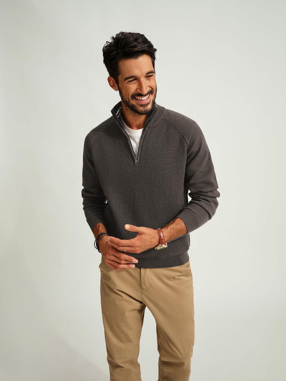 imagePJ PAUL JONES Mens Quarter Zip Pullover Sweater Turtleneck Raglan Long Sleeve SweatersKhaki