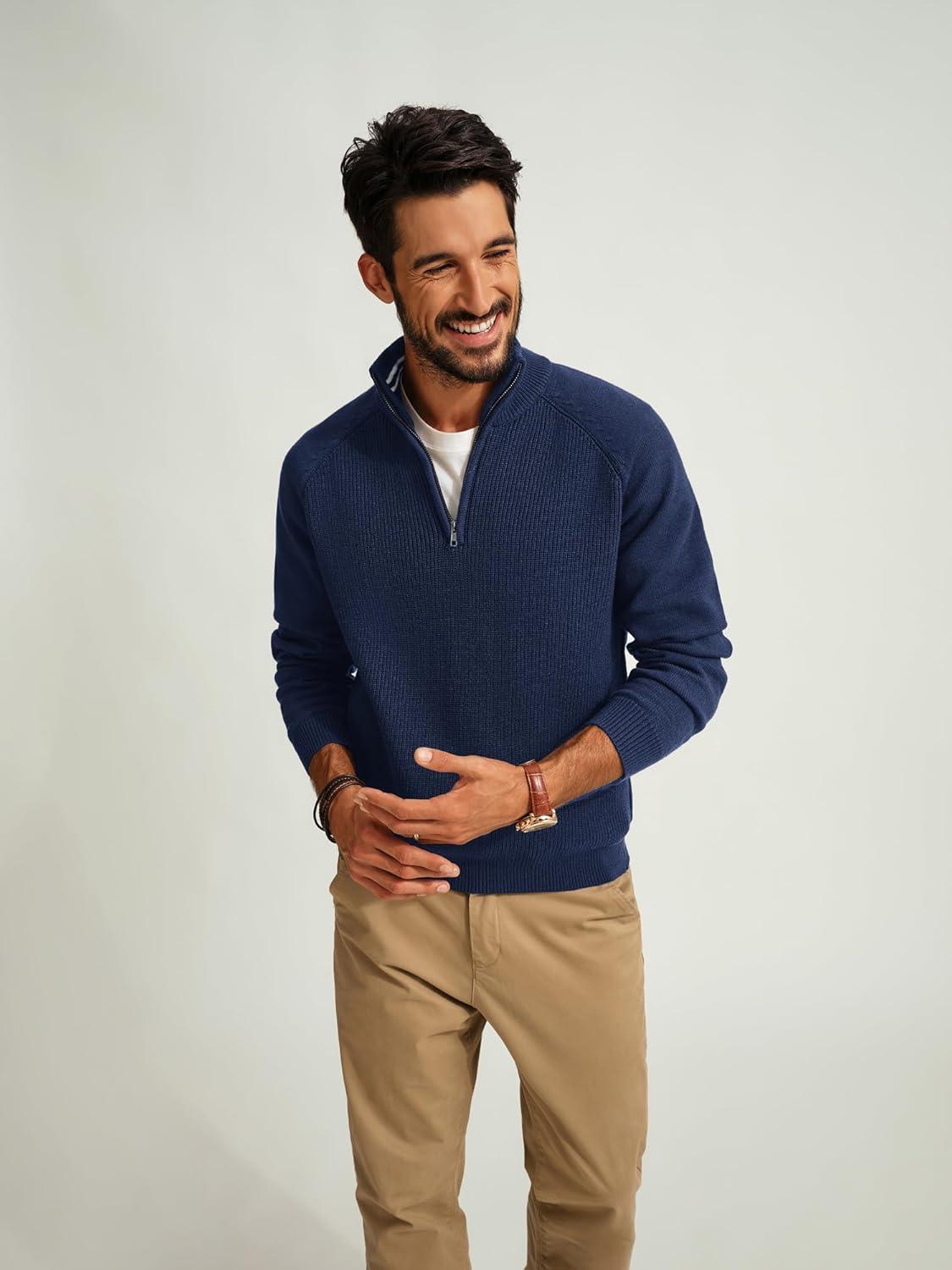 imagePJ PAUL JONES Mens Quarter Zip Pullover Sweater Turtleneck Raglan Long Sleeve SweatersRoyal Blue