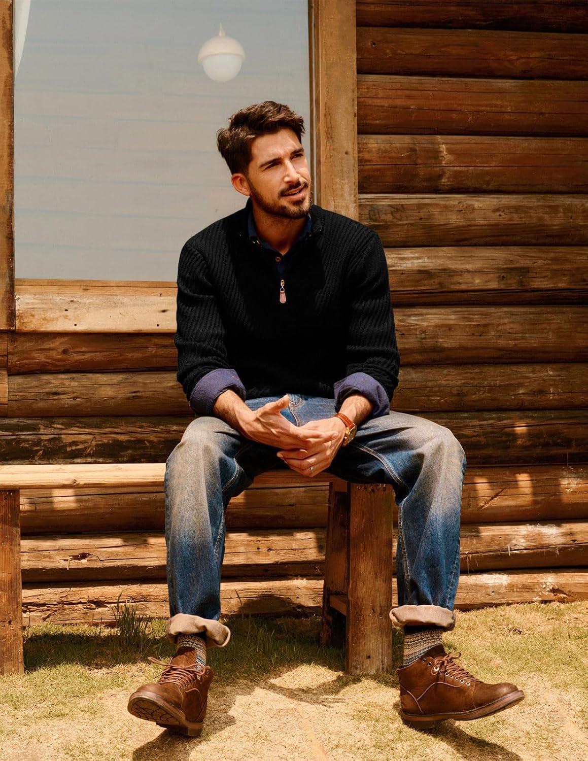 imagePJ PAUL JONES Mens Quarter Zip Pullover Sweaters Casual Knit Twill Texture SweaterBlack