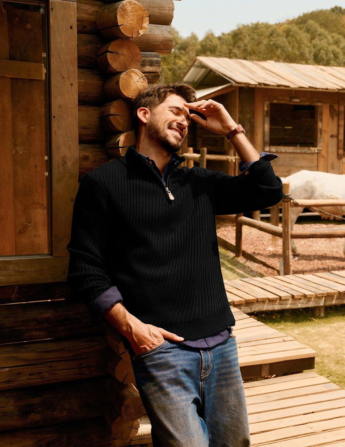 imagePJ PAUL JONES Mens Quarter Zip Pullover Sweaters Casual Knit Twill Texture SweaterBlack