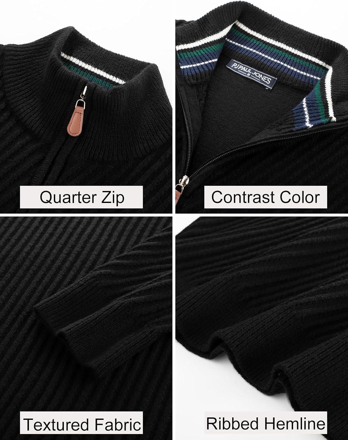 imagePJ PAUL JONES Mens Quarter Zip Pullover Sweaters Casual Knit Twill Texture SweaterBlack