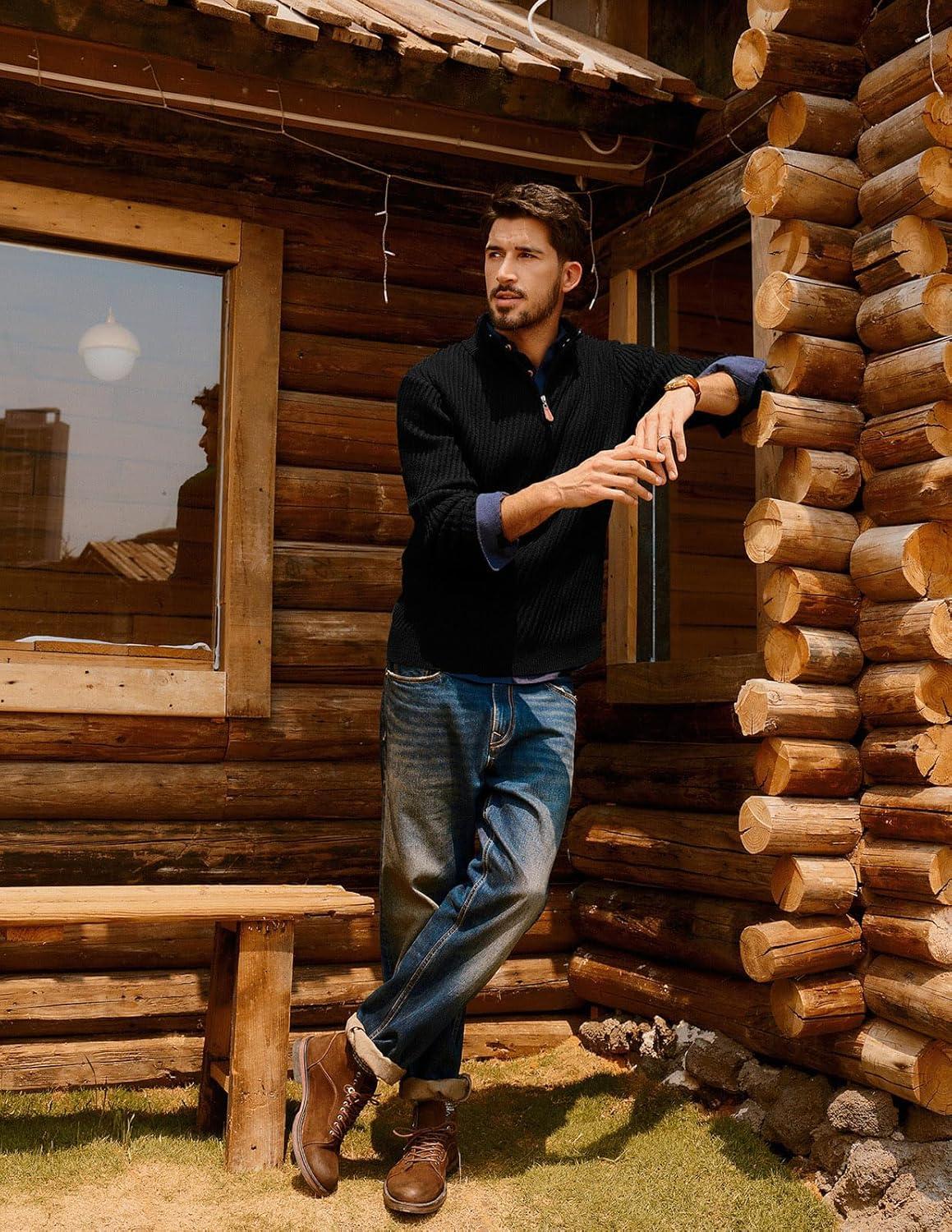 imagePJ PAUL JONES Mens Quarter Zip Pullover Sweaters Casual Knit Twill Texture SweaterBlack