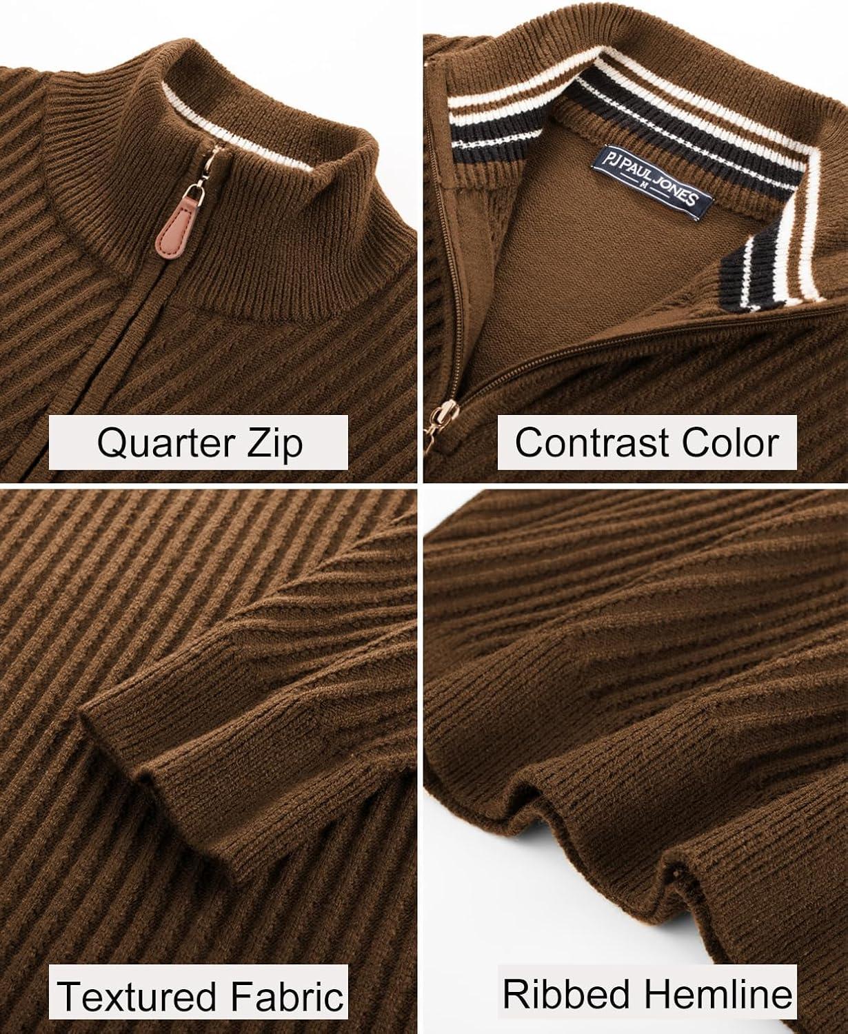 imagePJ PAUL JONES Mens Quarter Zip Pullover Sweaters Casual Knit Twill Texture SweaterCoffee