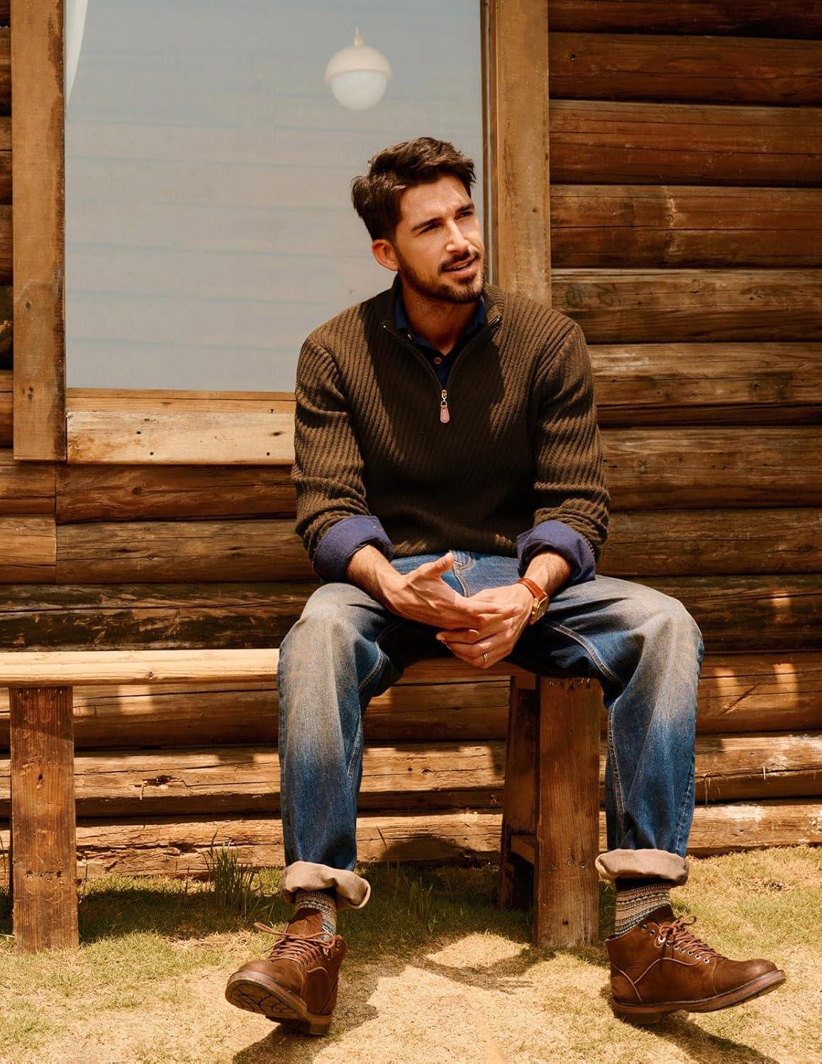 imagePJ PAUL JONES Mens Quarter Zip Pullover Sweaters Casual Knit Twill Texture SweaterCoffee