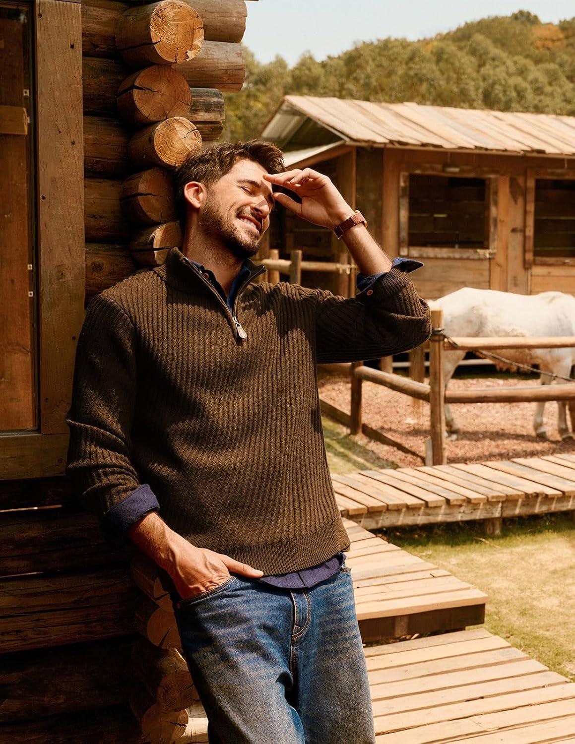 imagePJ PAUL JONES Mens Quarter Zip Pullover Sweaters Casual Knit Twill Texture SweaterCoffee