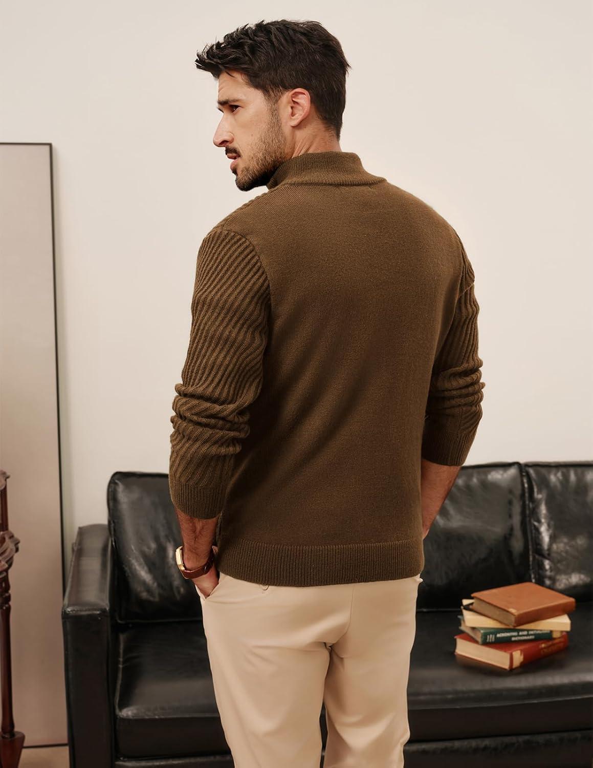 imagePJ PAUL JONES Mens Quarter Zip Pullover Sweaters Casual Knit Twill Texture SweaterCoffee