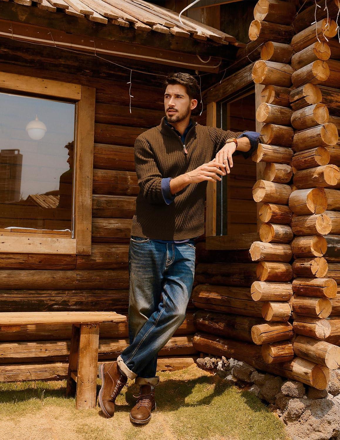 imagePJ PAUL JONES Mens Quarter Zip Pullover Sweaters Casual Knit Twill Texture SweaterCoffee