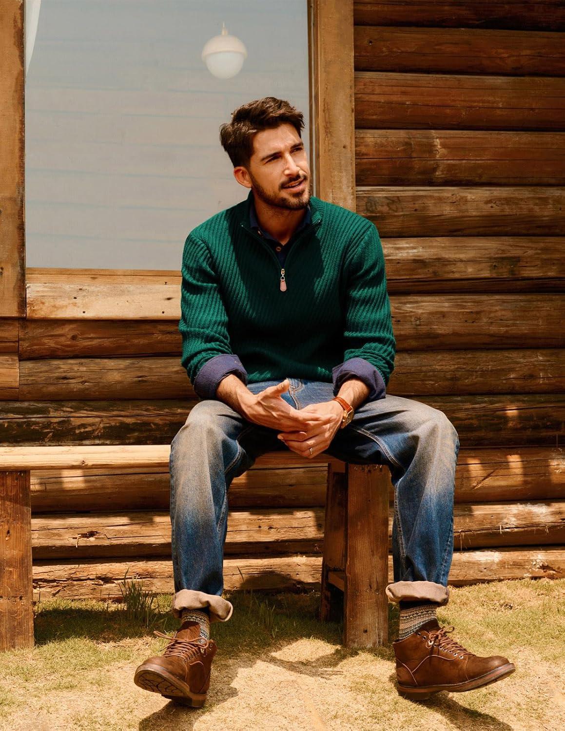 imagePJ PAUL JONES Mens Quarter Zip Pullover Sweaters Casual Knit Twill Texture SweaterGreen