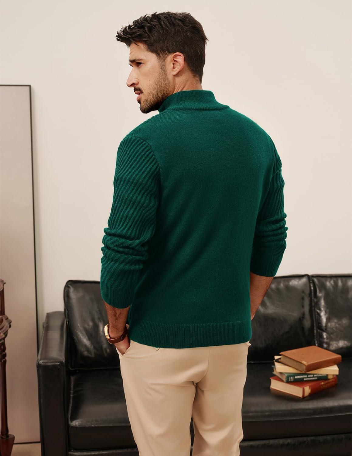 imagePJ PAUL JONES Mens Quarter Zip Pullover Sweaters Casual Knit Twill Texture SweaterGreen