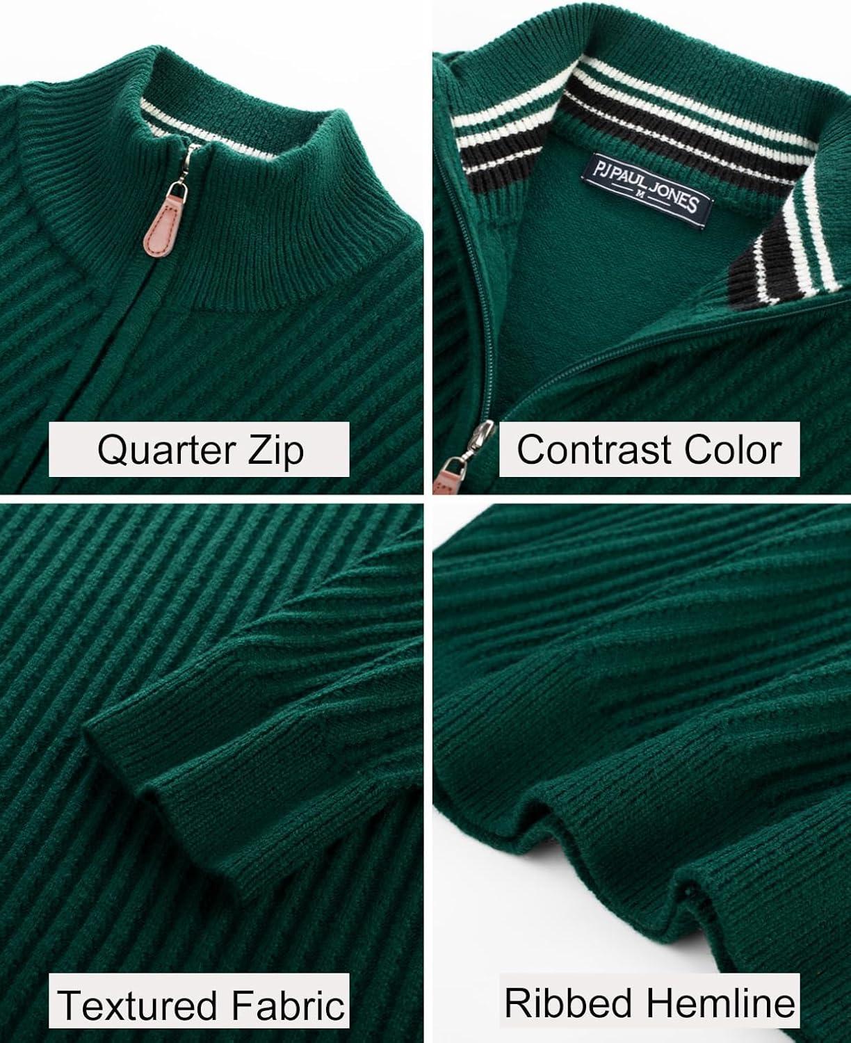 imagePJ PAUL JONES Mens Quarter Zip Pullover Sweaters Casual Knit Twill Texture SweaterGreen