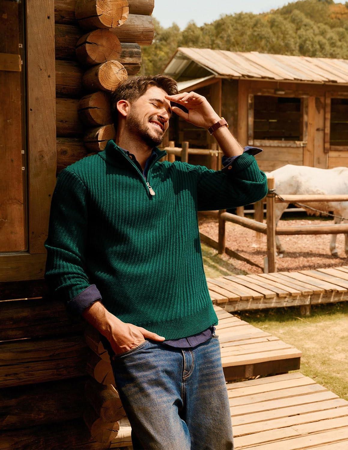 imagePJ PAUL JONES Mens Quarter Zip Pullover Sweaters Casual Knit Twill Texture SweaterGreen