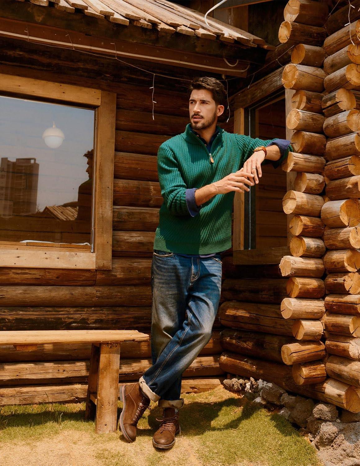 imagePJ PAUL JONES Mens Quarter Zip Pullover Sweaters Casual Knit Twill Texture SweaterGreen