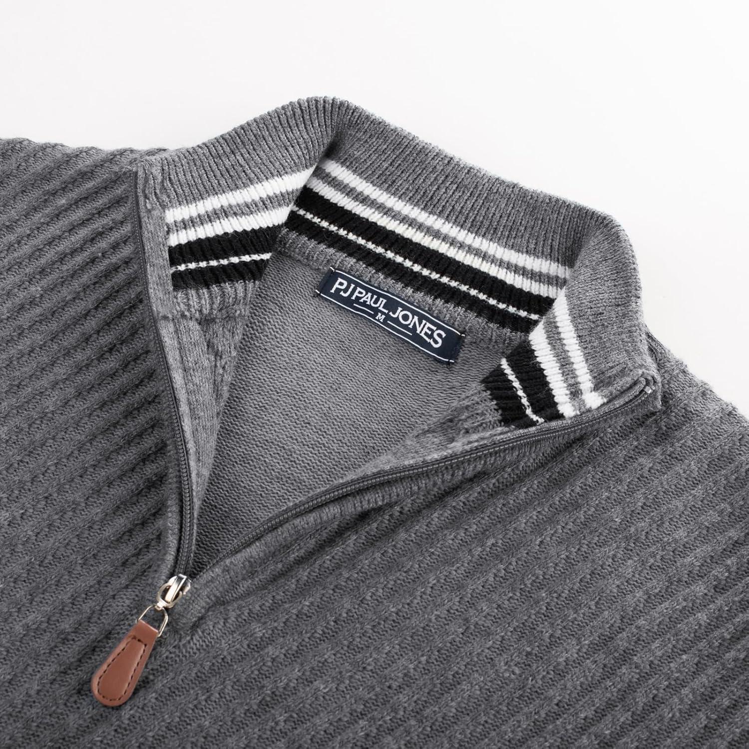 imagePJ PAUL JONES Mens Quarter Zip Pullover Sweaters Casual Knit Twill Texture SweaterGrey