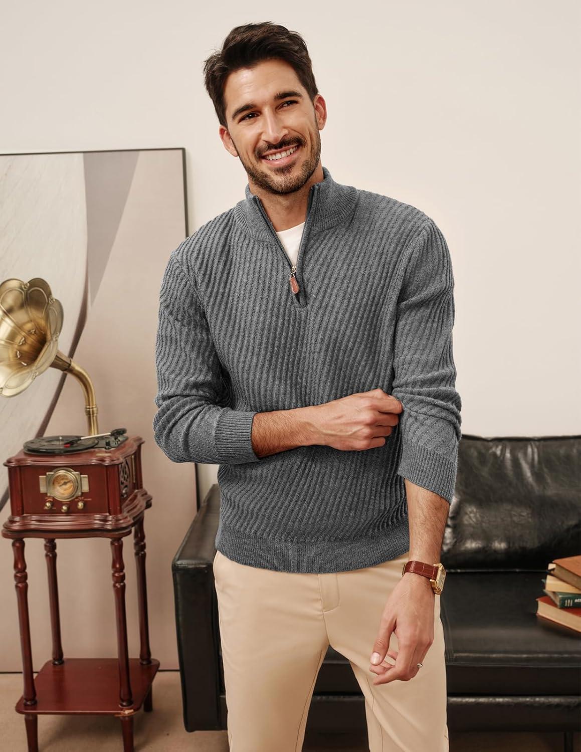 imagePJ PAUL JONES Mens Quarter Zip Pullover Sweaters Casual Knit Twill Texture SweaterGrey