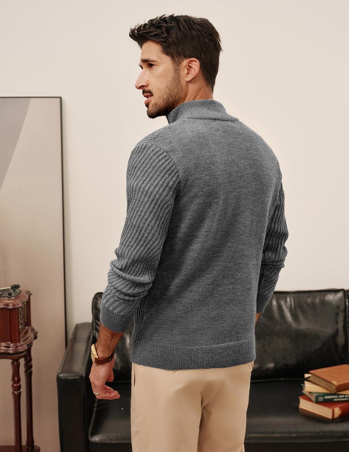 imagePJ PAUL JONES Mens Quarter Zip Pullover Sweaters Casual Knit Twill Texture SweaterGrey