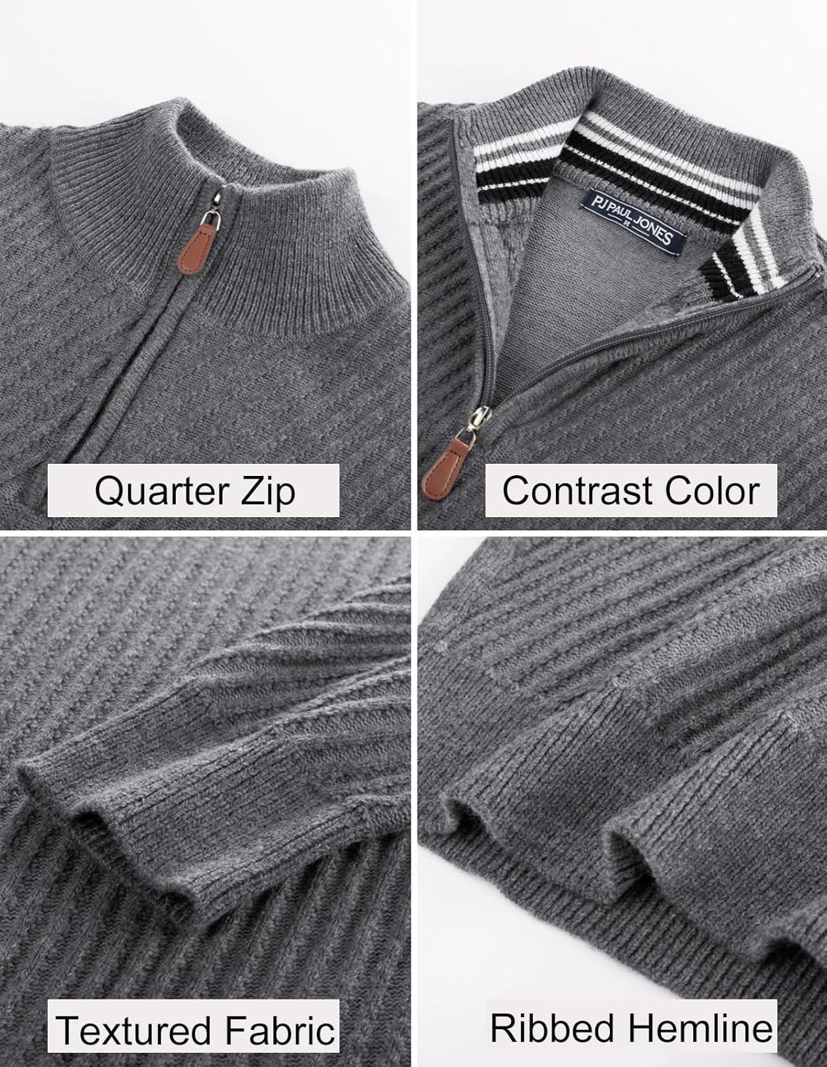imagePJ PAUL JONES Mens Quarter Zip Pullover Sweaters Casual Knit Twill Texture SweaterGrey