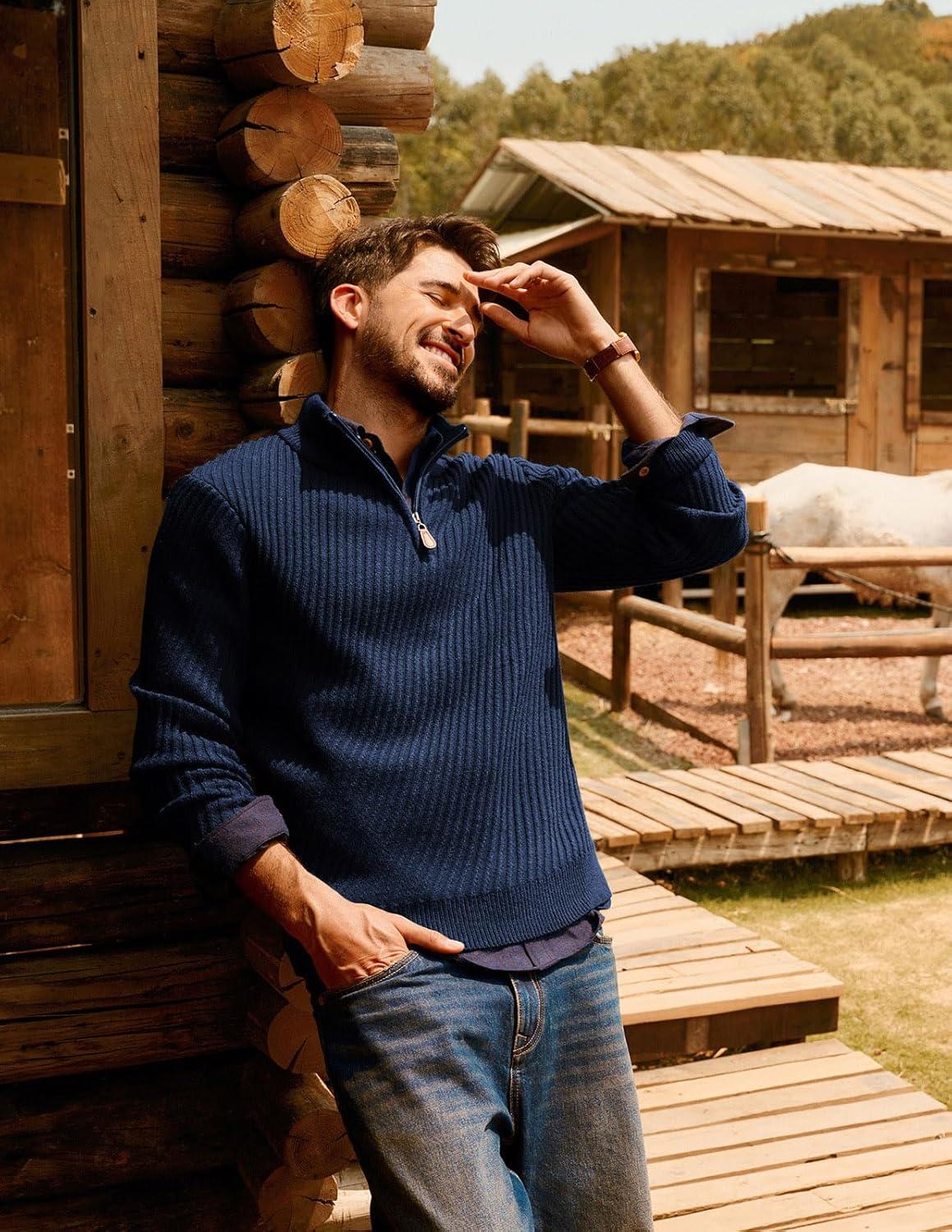 imagePJ PAUL JONES Mens Quarter Zip Pullover Sweaters Casual Knit Twill Texture SweaterNavy Blue