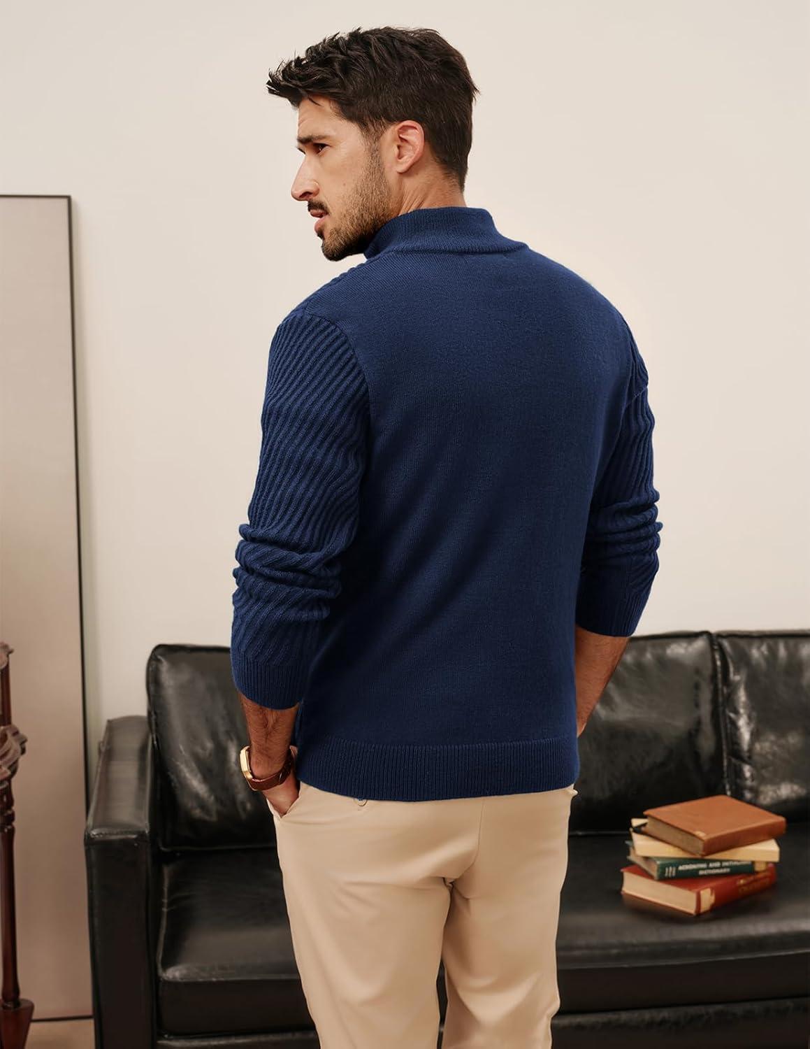 imagePJ PAUL JONES Mens Quarter Zip Pullover Sweaters Casual Knit Twill Texture SweaterNavy Blue