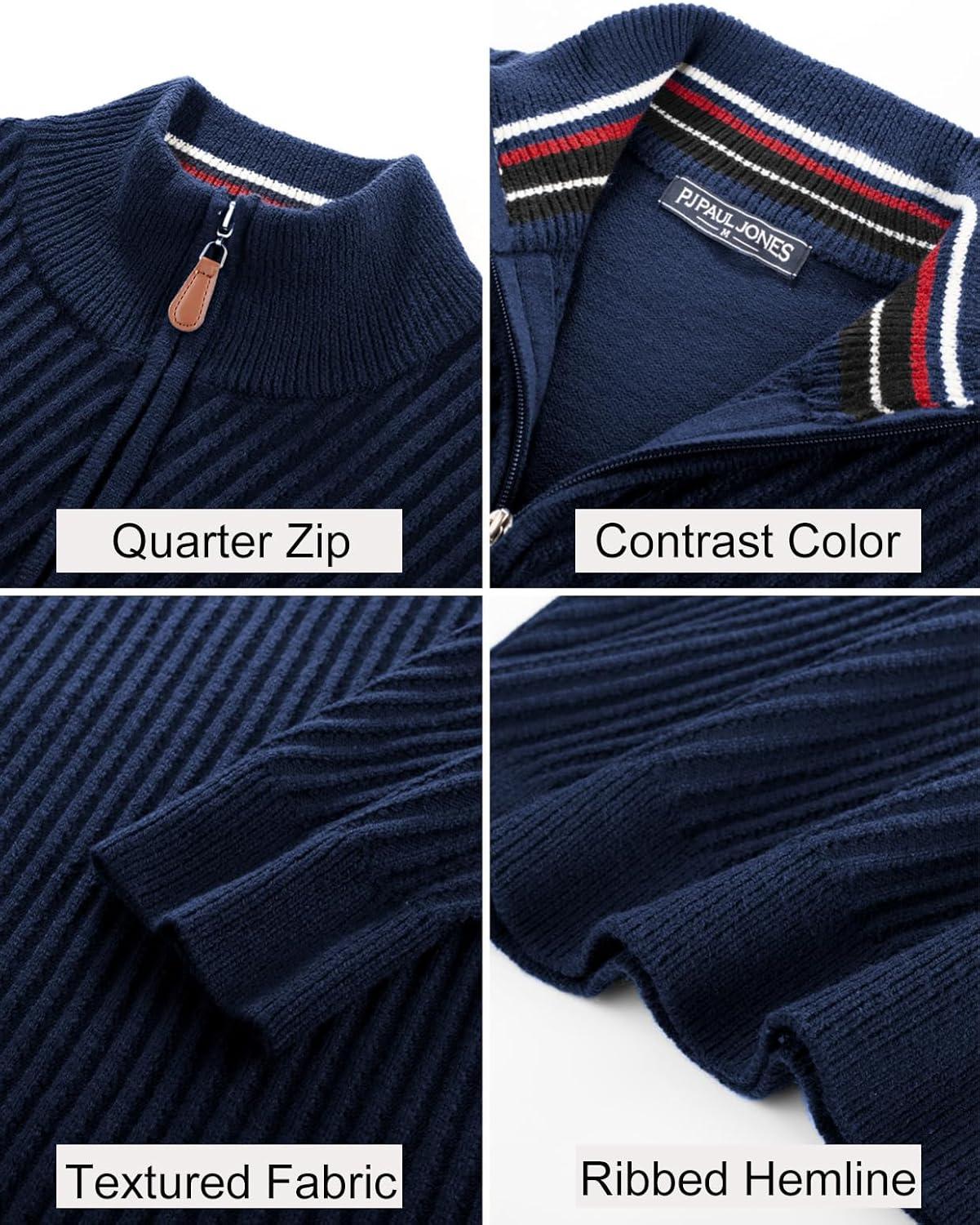 imagePJ PAUL JONES Mens Quarter Zip Pullover Sweaters Casual Knit Twill Texture SweaterNavy Blue