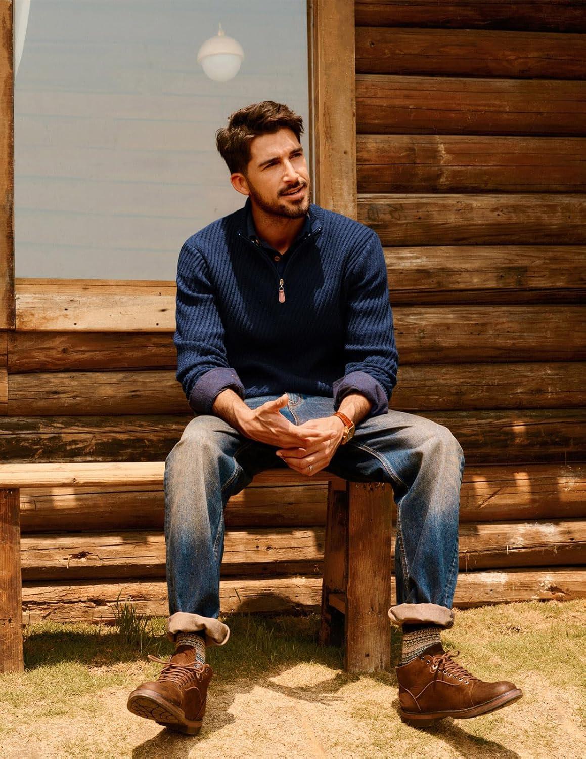 imagePJ PAUL JONES Mens Quarter Zip Pullover Sweaters Casual Knit Twill Texture SweaterNavy Blue