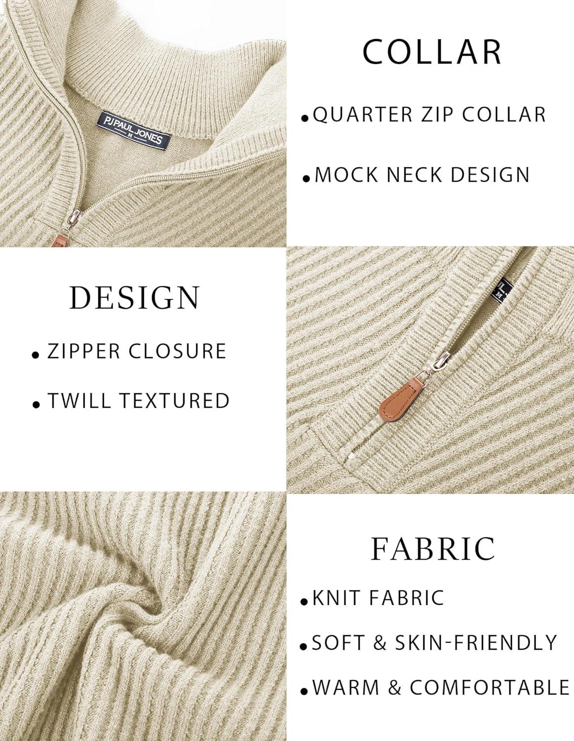 imagePJ PAUL JONES Mens Quarter Zip Pullover Sweaters Casual Slim Fit Knit Texture SweaterApricot