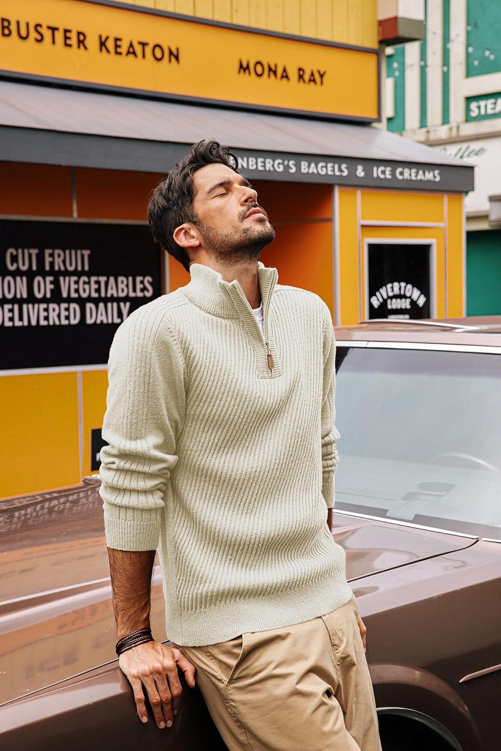 imagePJ PAUL JONES Mens Quarter Zip Pullover Sweaters Casual Slim Fit Knit Texture SweaterApricot