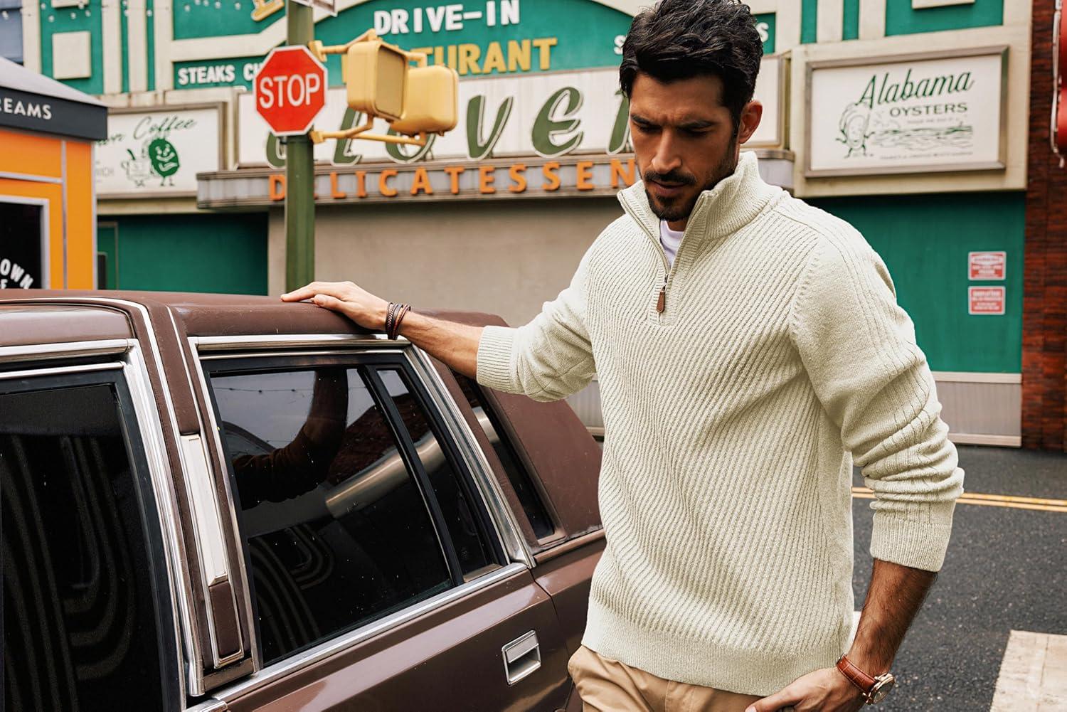 imagePJ PAUL JONES Mens Quarter Zip Pullover Sweaters Casual Slim Fit Knit Texture SweaterApricot