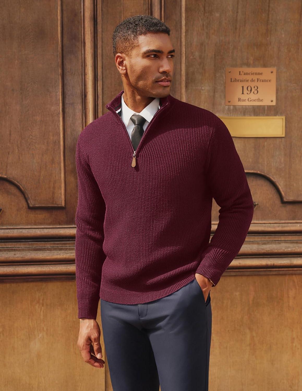 imagePJ PAUL JONES Mens Quarter Zip Pullover Sweaters Casual Slim Fit Knit Texture SweaterBurgundy