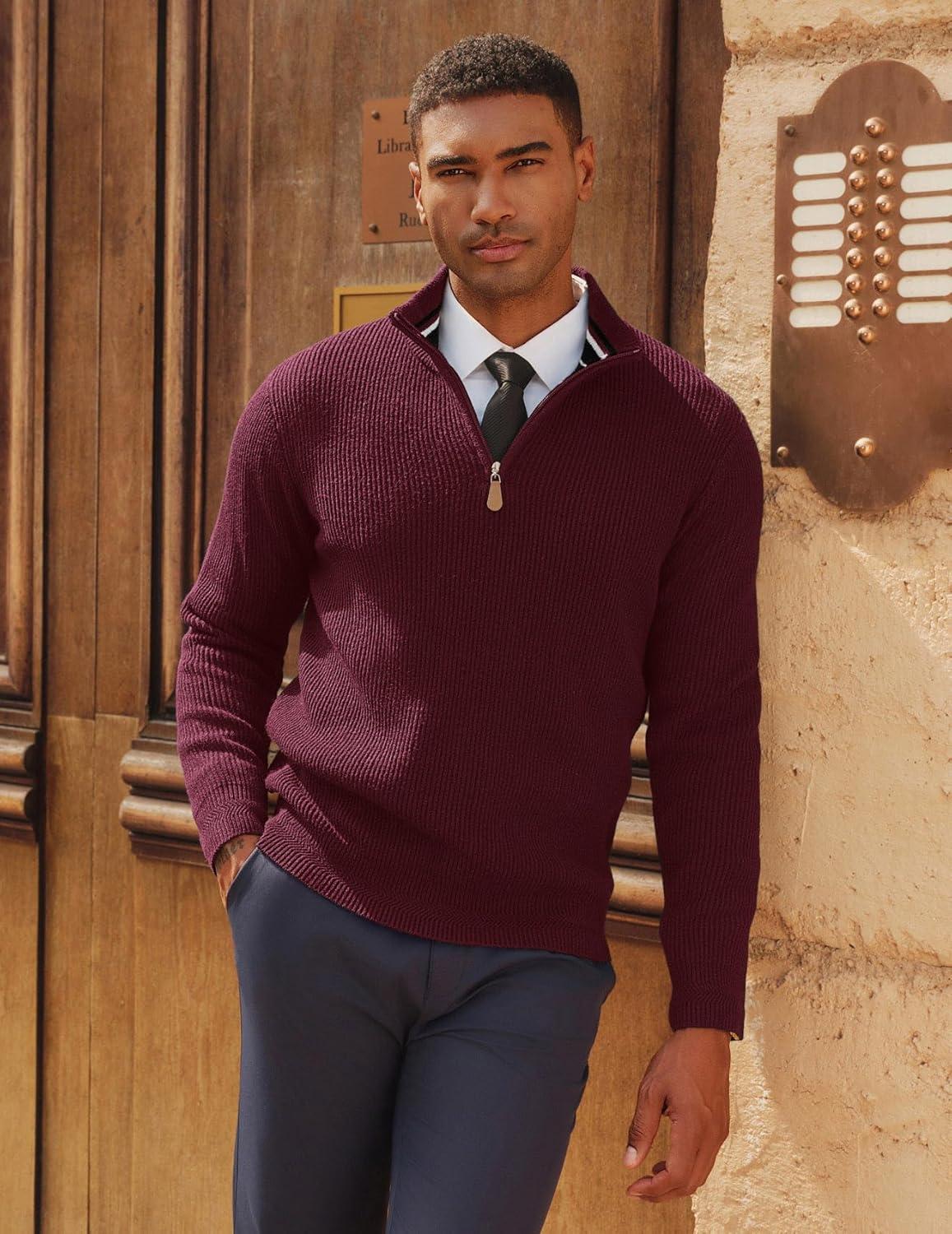 imagePJ PAUL JONES Mens Quarter Zip Pullover Sweaters Casual Slim Fit Knit Texture SweaterBurgundy
