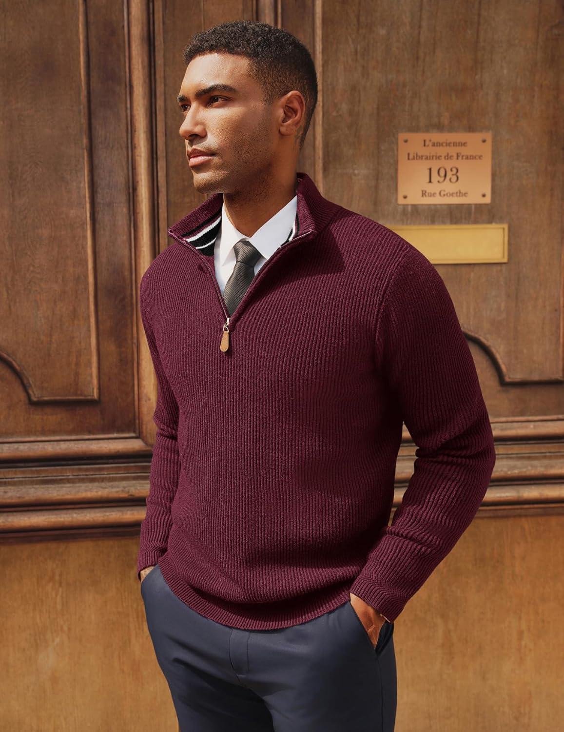 imagePJ PAUL JONES Mens Quarter Zip Pullover Sweaters Casual Slim Fit Knit Texture SweaterBurgundy