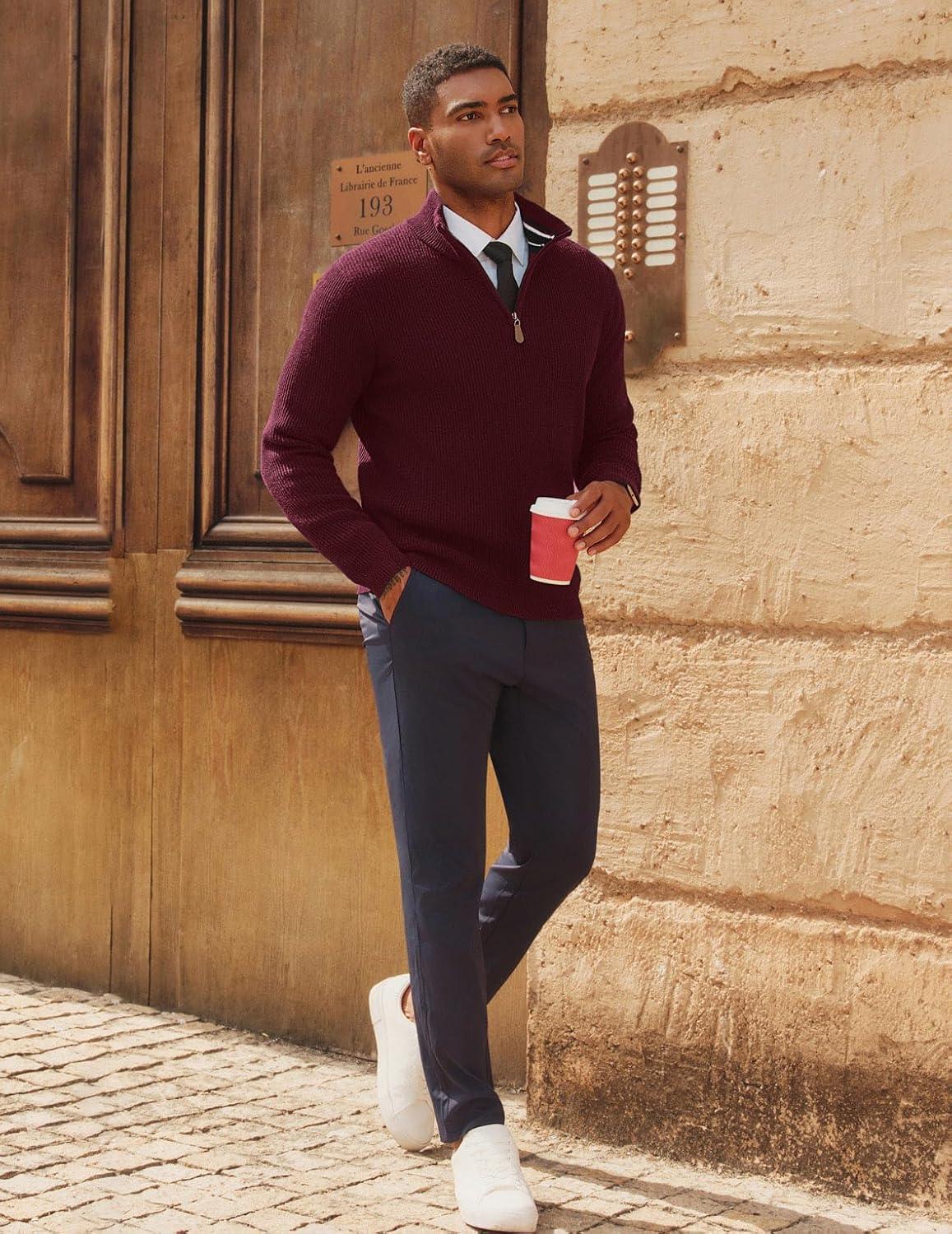 imagePJ PAUL JONES Mens Quarter Zip Pullover Sweaters Casual Slim Fit Knit Texture SweaterBurgundy